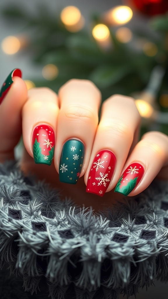 Short coffin nails in red and green with Christmas designs, featuring snowflakes and glitter.